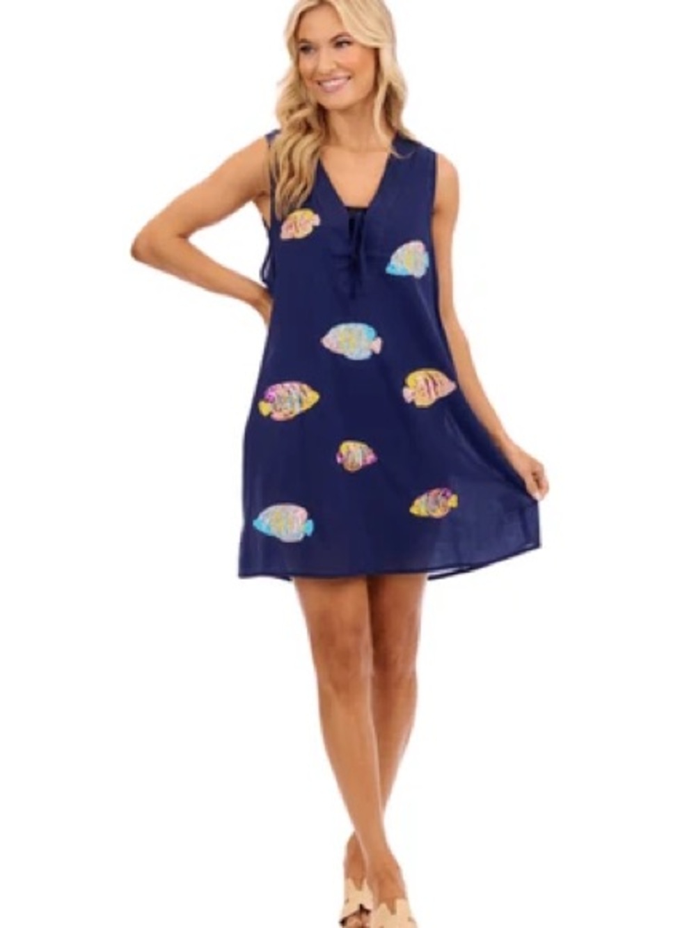 Mud Pie Navy Blue Fish Print Swim Coverup